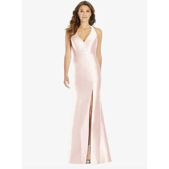 Alfred Sung V-Neck Halter Satin Trumpet Gown in Blush Pink Women's Size 16 $244 - Picture 2 of 8